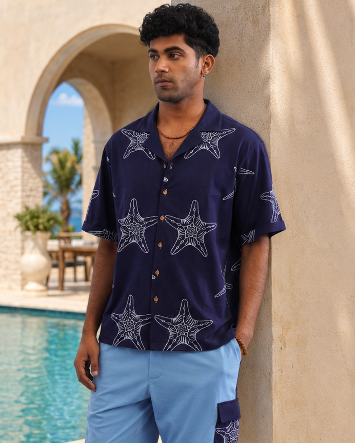 MARINER STAR COTTON KNIT SHIRT - DARK INDIGO/SKY BLUE