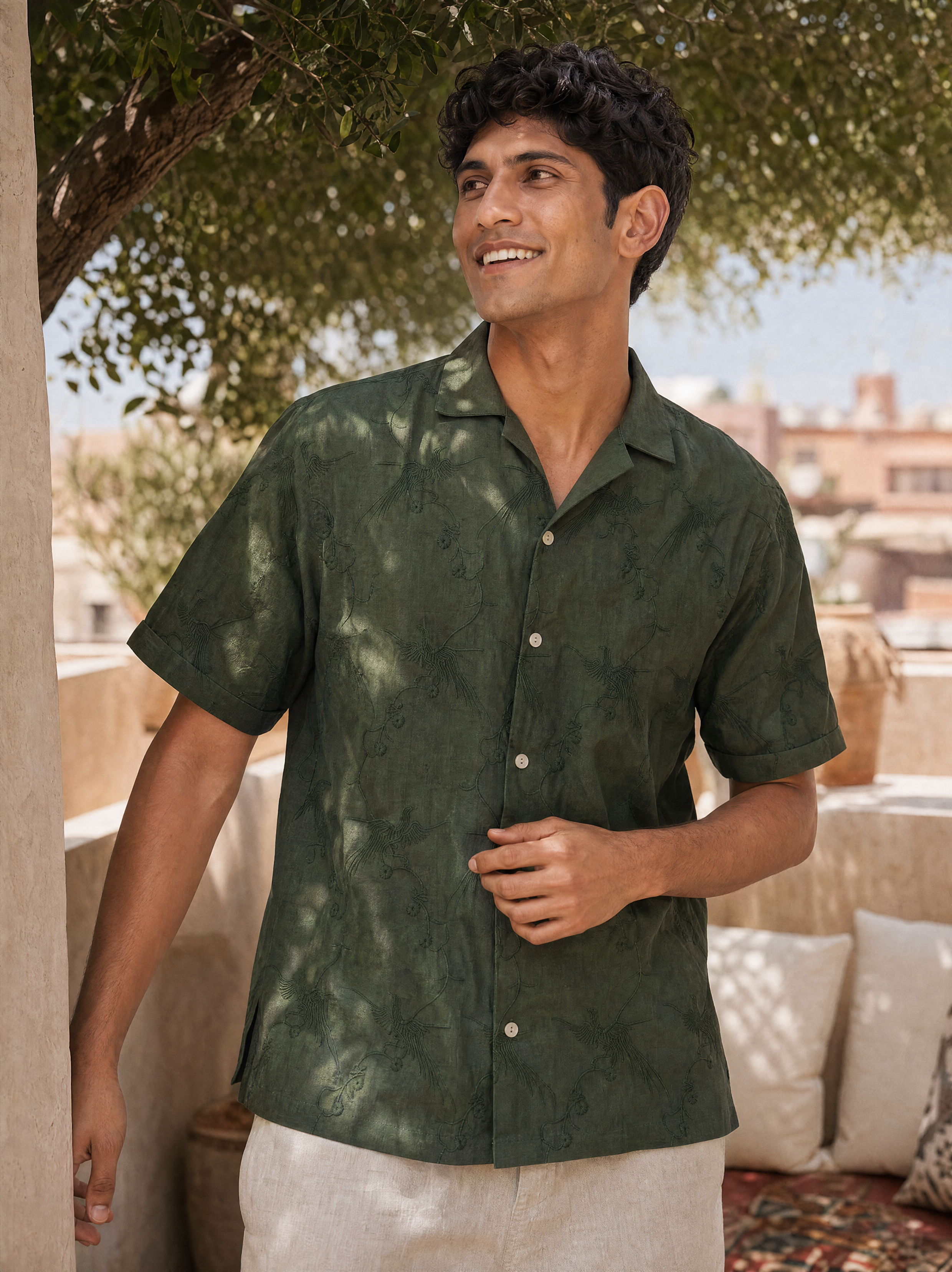 Plume & Bloom Cotton Linen Shirt (Forest Green)