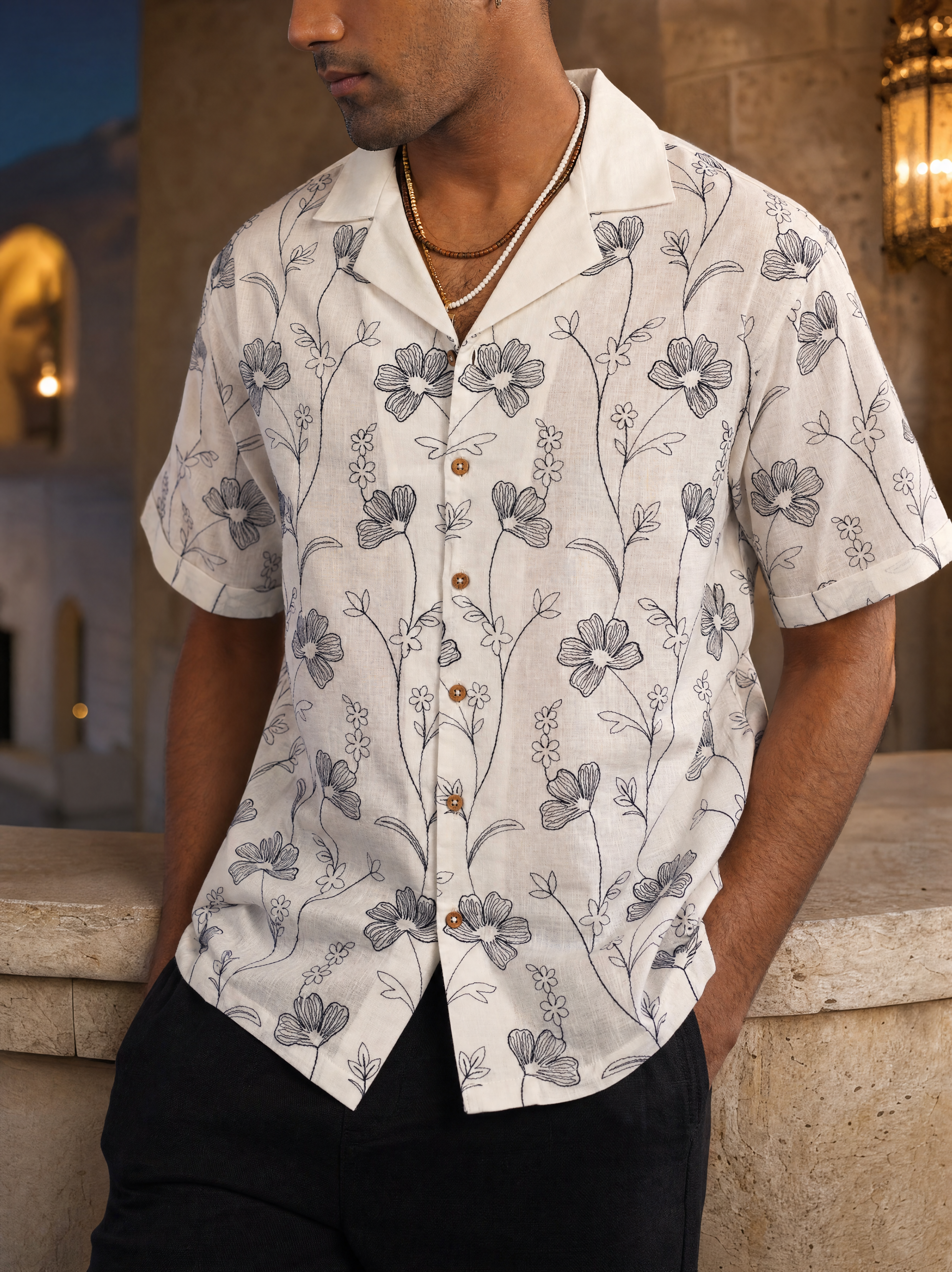 INK MEADOW COTTON LINEN SHIRT - SALT/MIDNIGHT BLACK