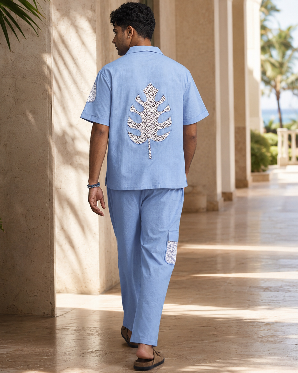 LAGOON LEAF SEERSUCKER PJ CO-ORD SET - CLOUD BLUE