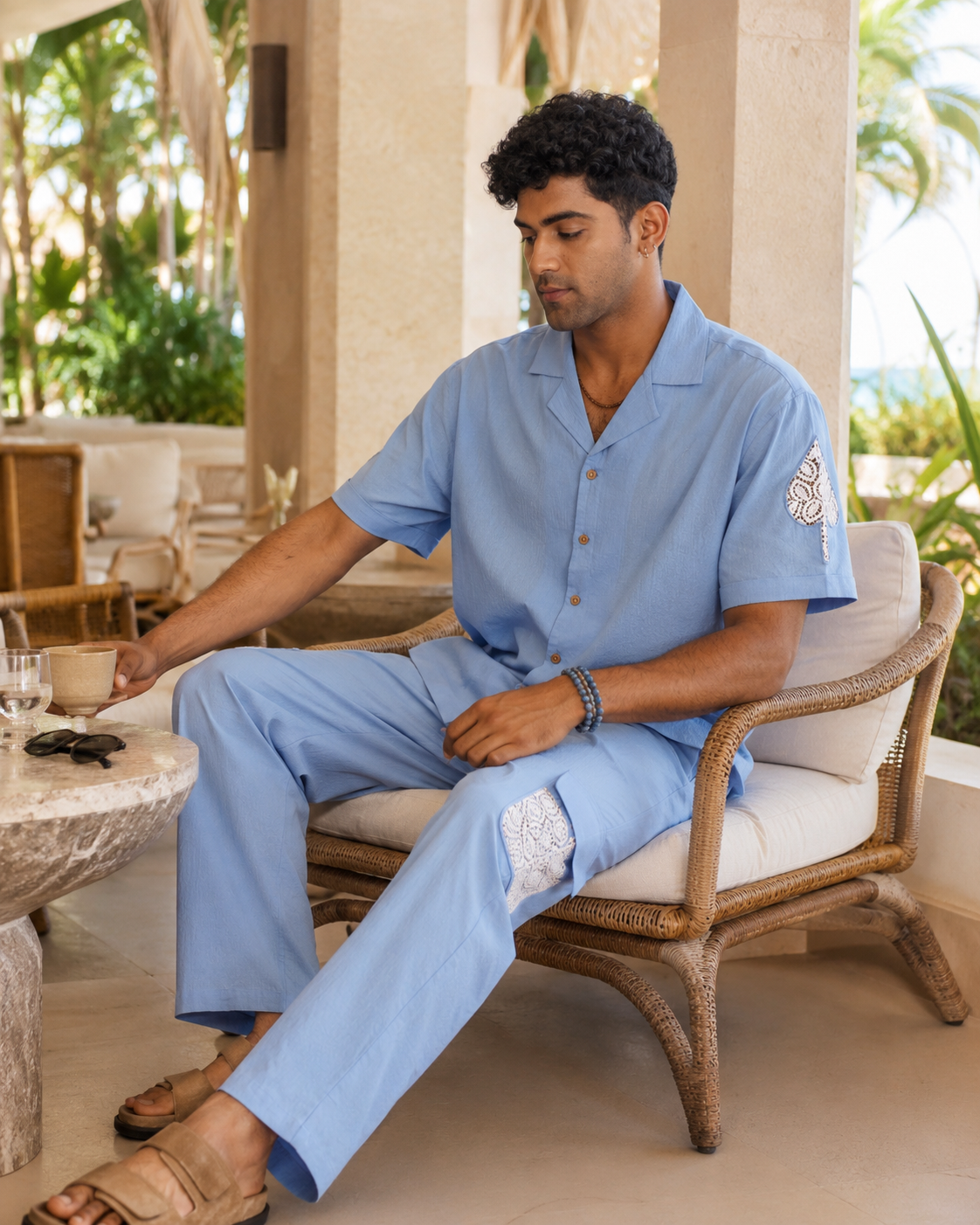 LAGOON LEAF SEERSUCKER PJ CO-ORD SET - CLOUD BLUE