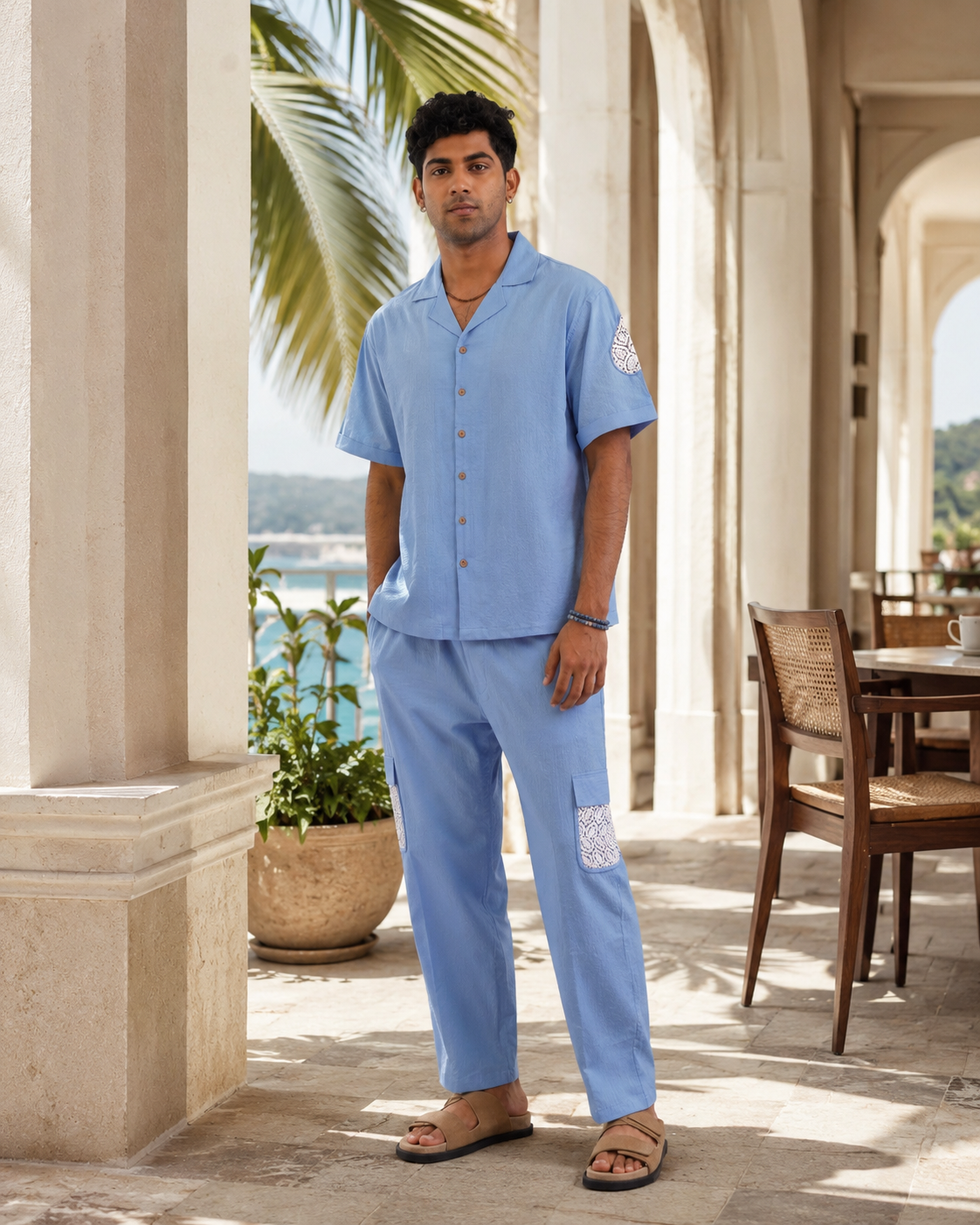 LAGOON LEAF SEERSUCKER PJ CO-ORD SET - CLOUD BLUE