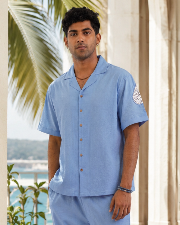 LAGOON LEAF SEERSUCKER SHIRT - CLOUD BLUE