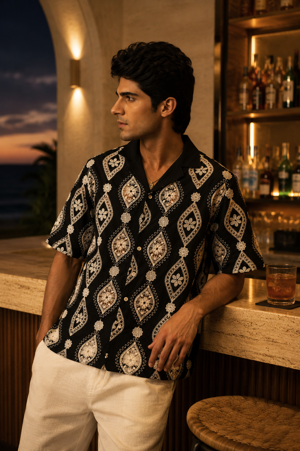 OASIS MEDALLION COTTON CUTWORK SHIRT - MIDNIGHT BLACK