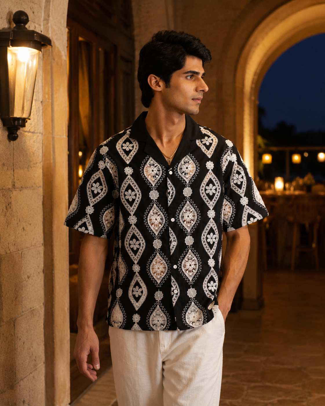 OASIS MEDALLION COTTON CUTWORK SHIRT - MIDNIGHT BLACK