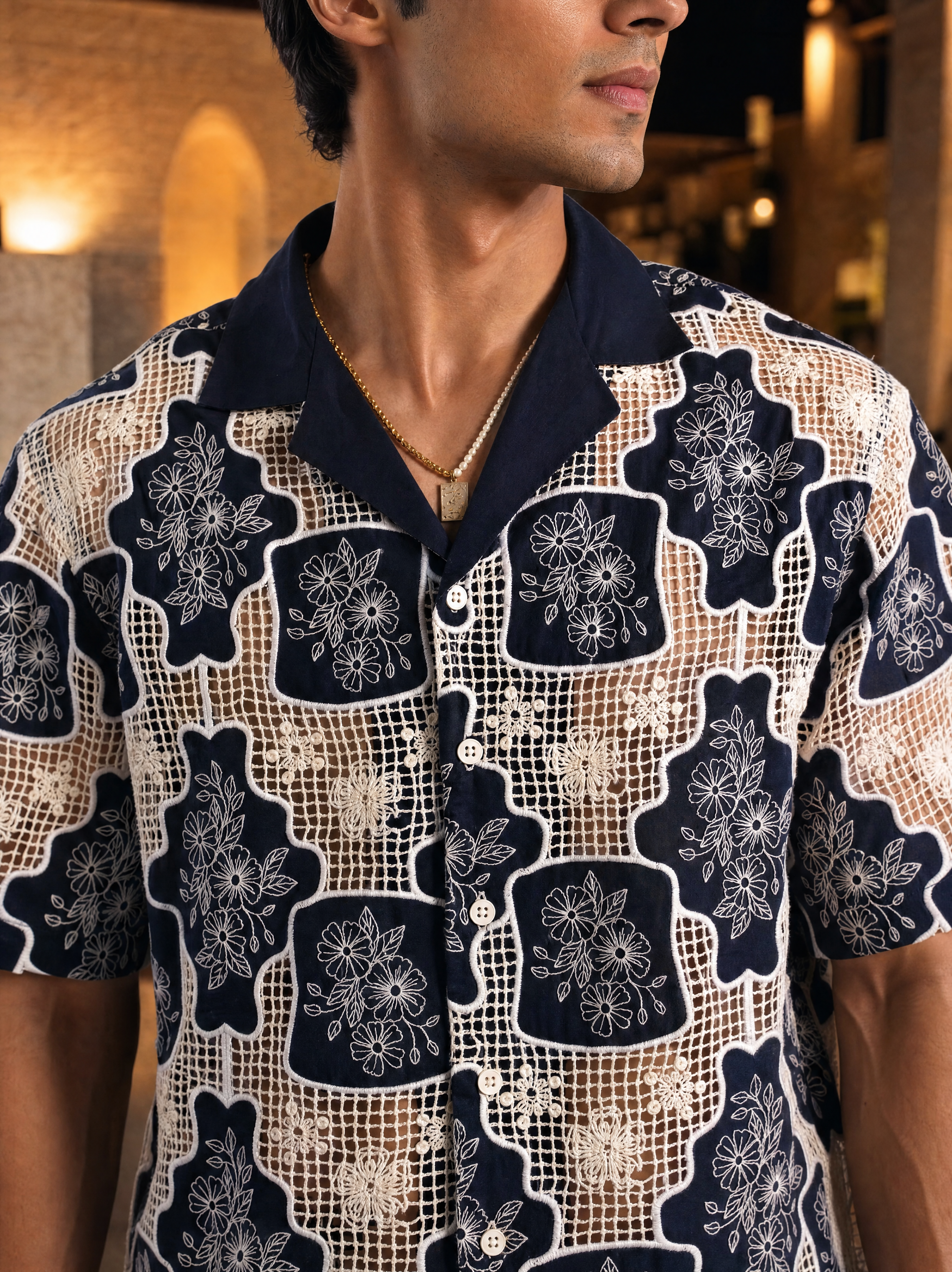 TRELLIS BLOOM COTTON CUTWORK SHIRT - MIDNIGHT NAVY