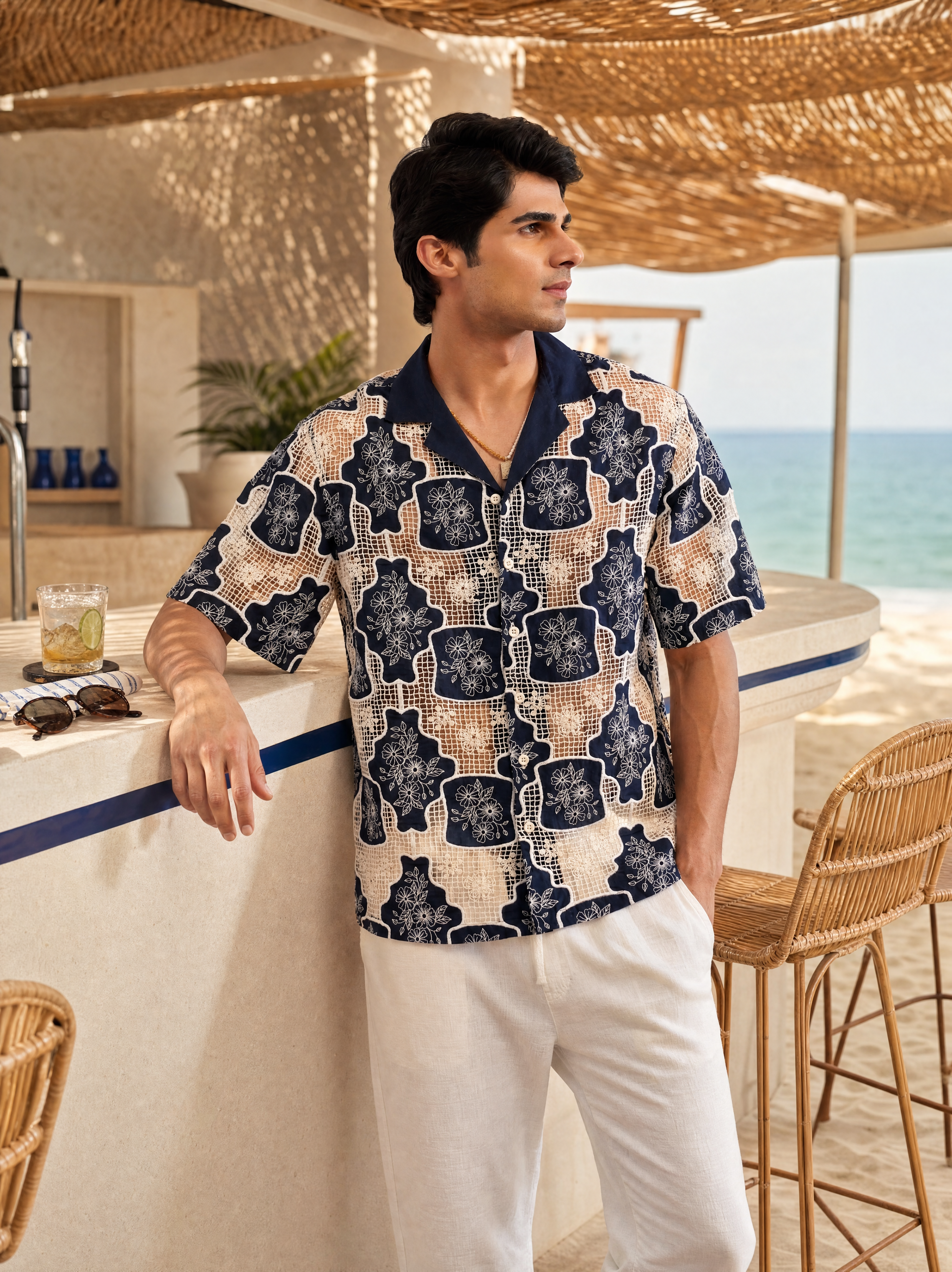 TRELLIS BLOOM COTTON CUTWORK SHIRT - MIDNIGHT NAVY
