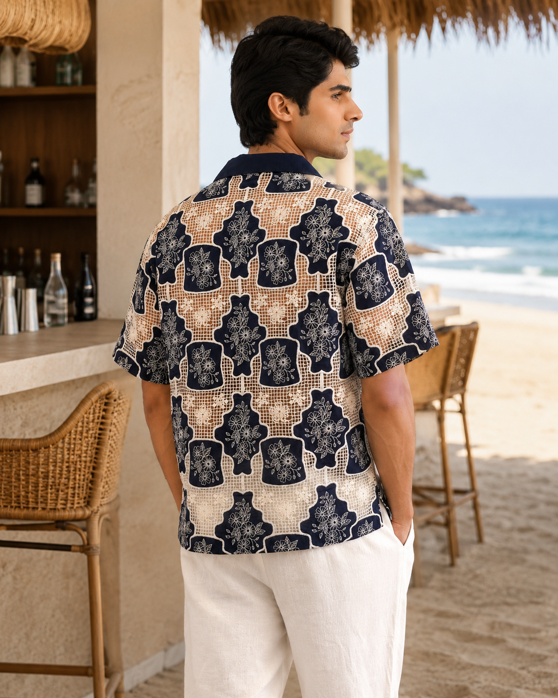 TRELLIS BLOOM COTTON CUTWORK SHIRT - MIDNIGHT NAVY