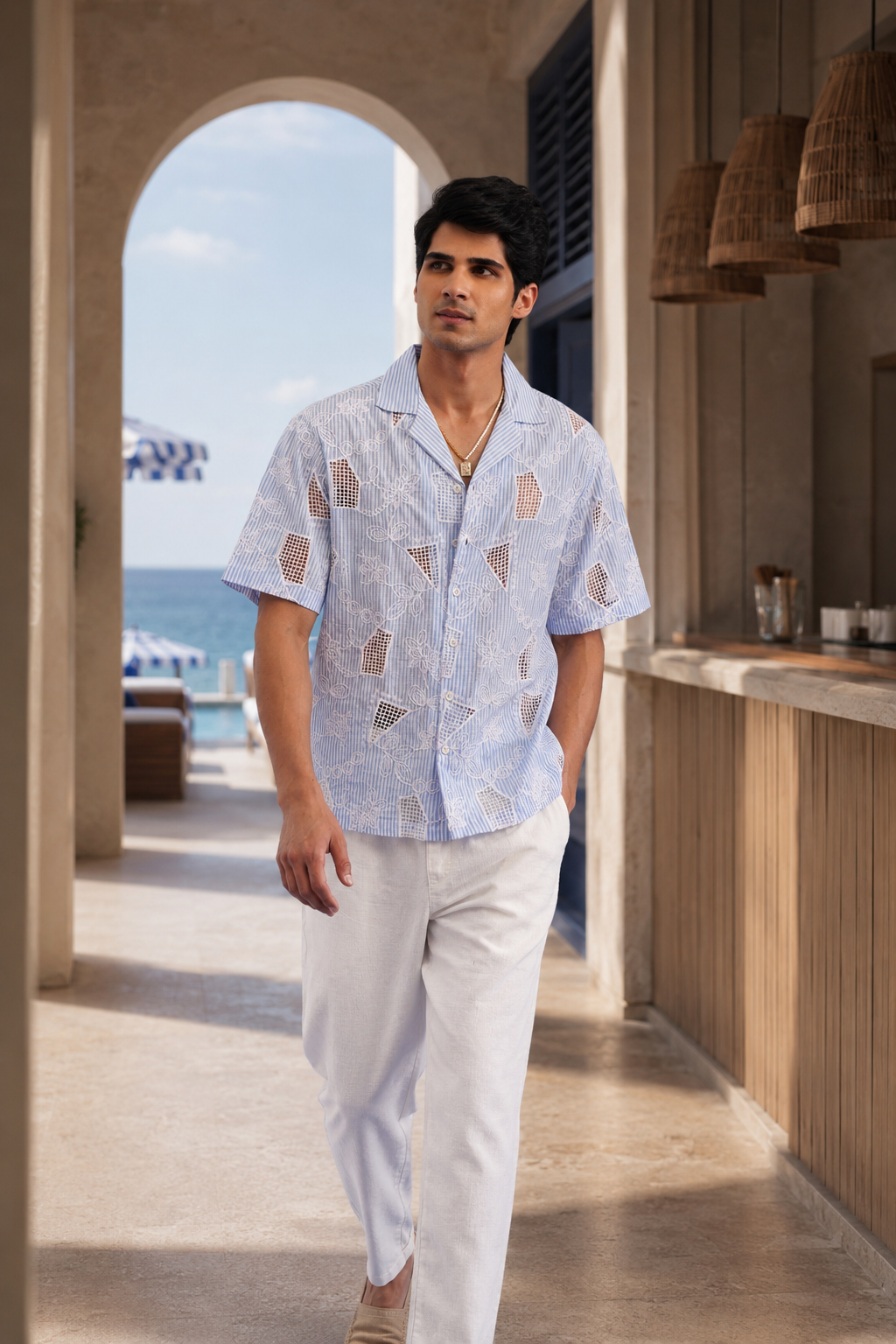 MARINA BLOOM COTTON STRIPE CUTWORK SHIRT - SKY STRIPE/SALT