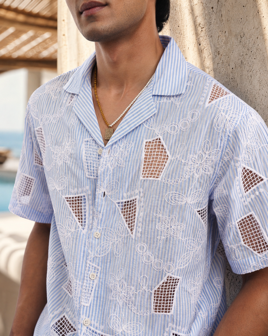 MARINA BLOOM COTTON STRIPE CUTWORK SHIRT - SKY STRIPE/SALT