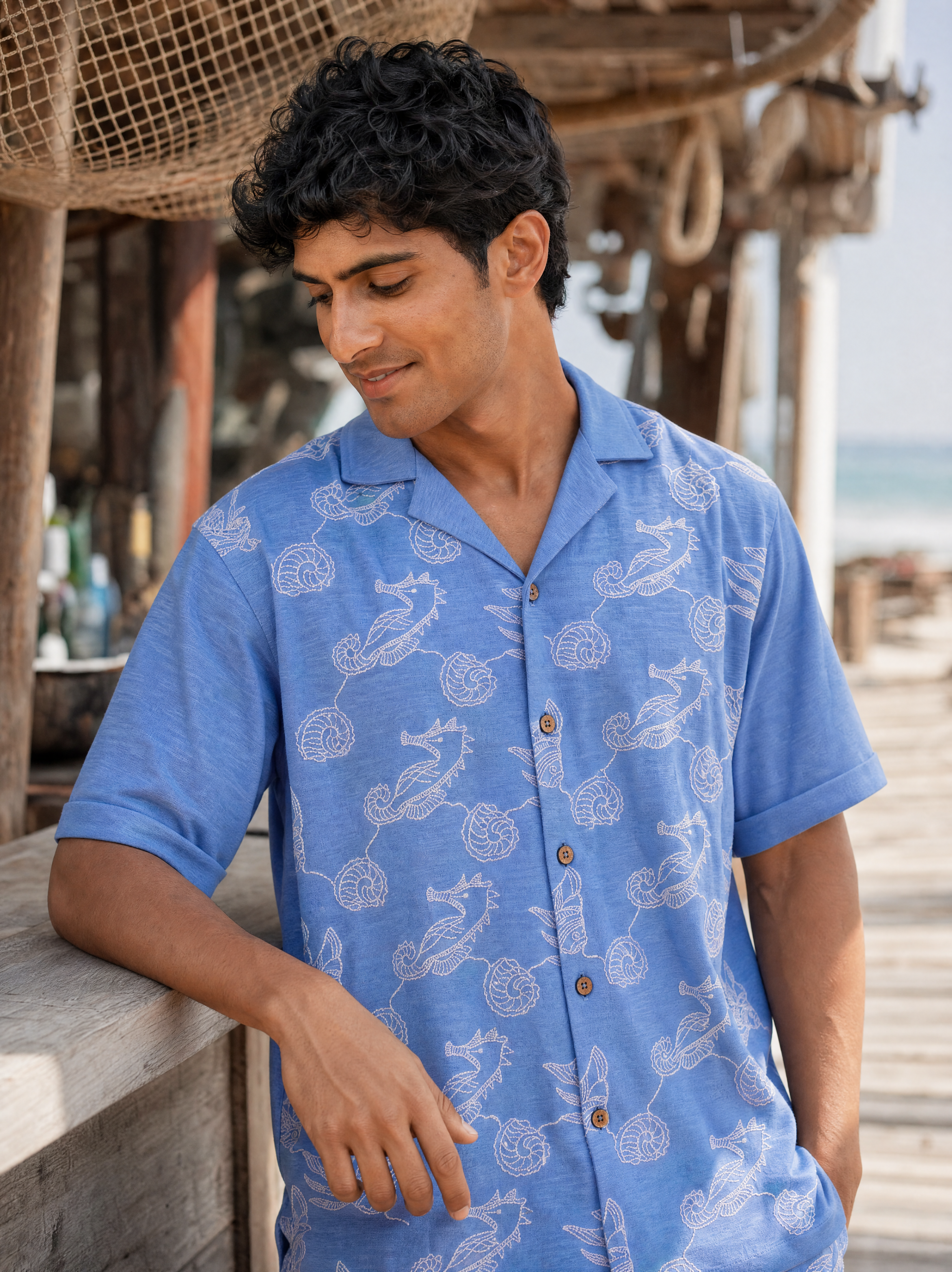 Tidal Tales Cotton Slub Knit Shirt (Ocean Blue)