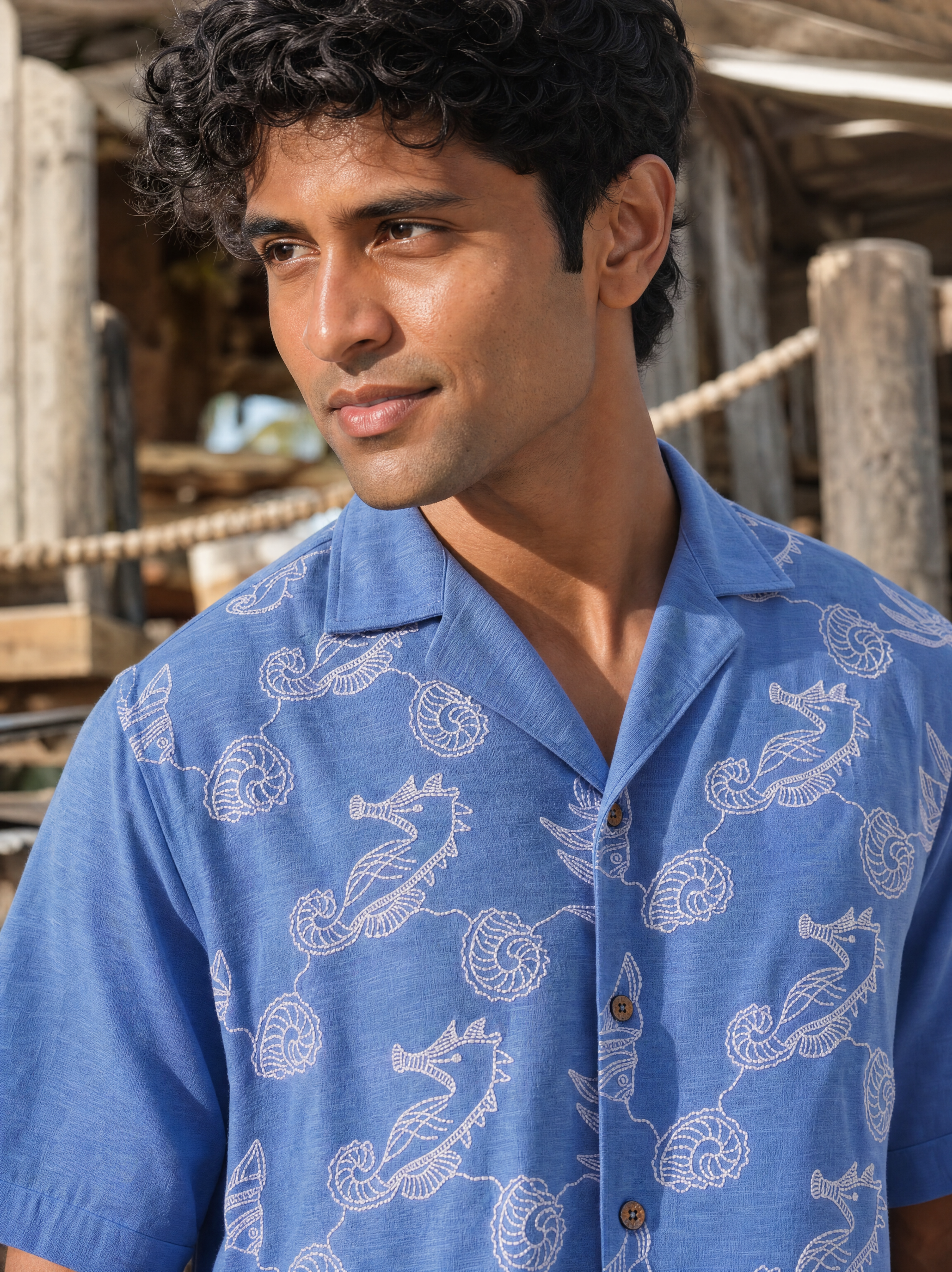 Tidal Tales Cotton Slub Knit Shirt (Ocean Blue)
