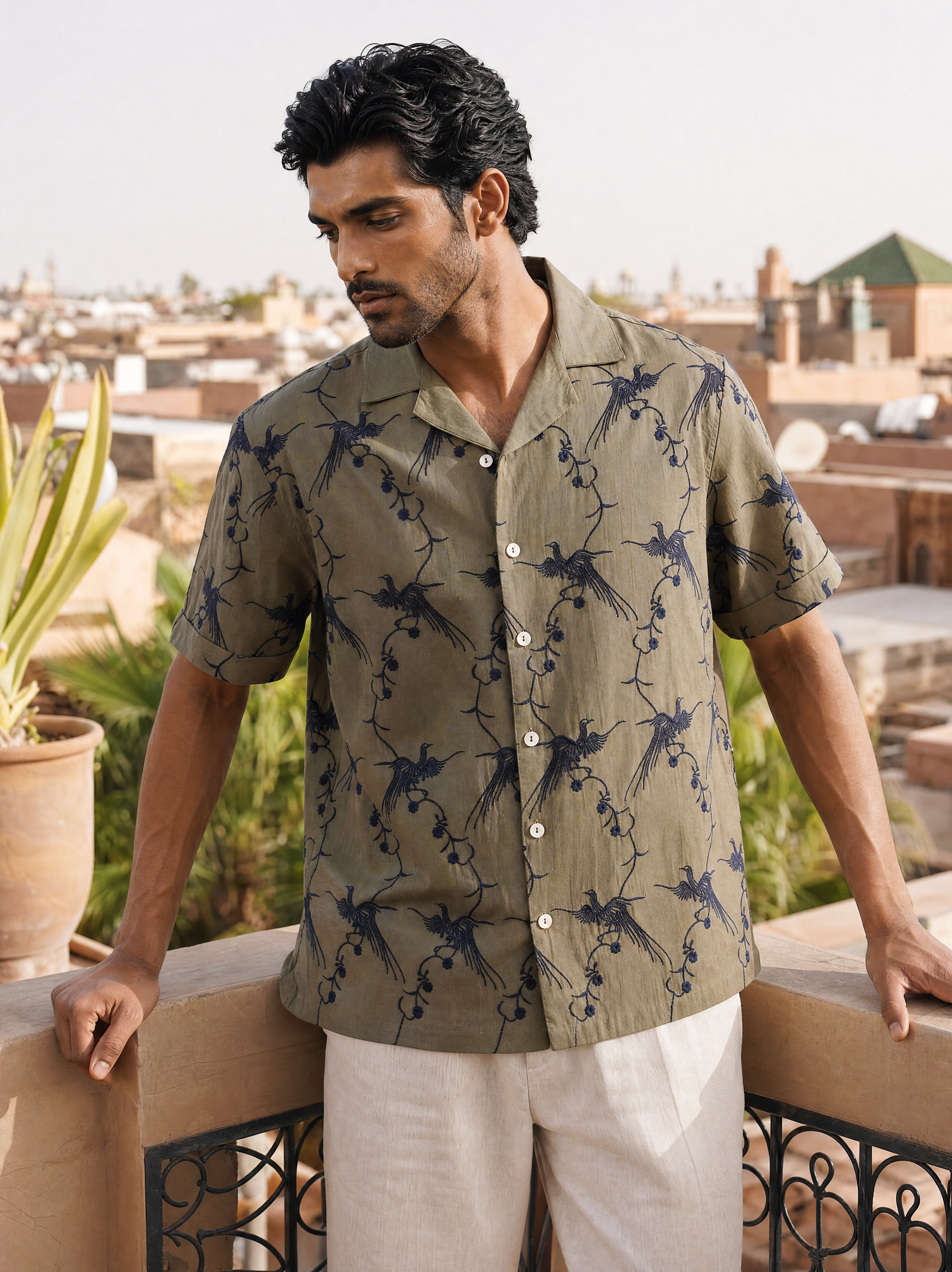 Plume & Bloom Cotton Linen Shirt (Olive Green with Navy Embroidery)