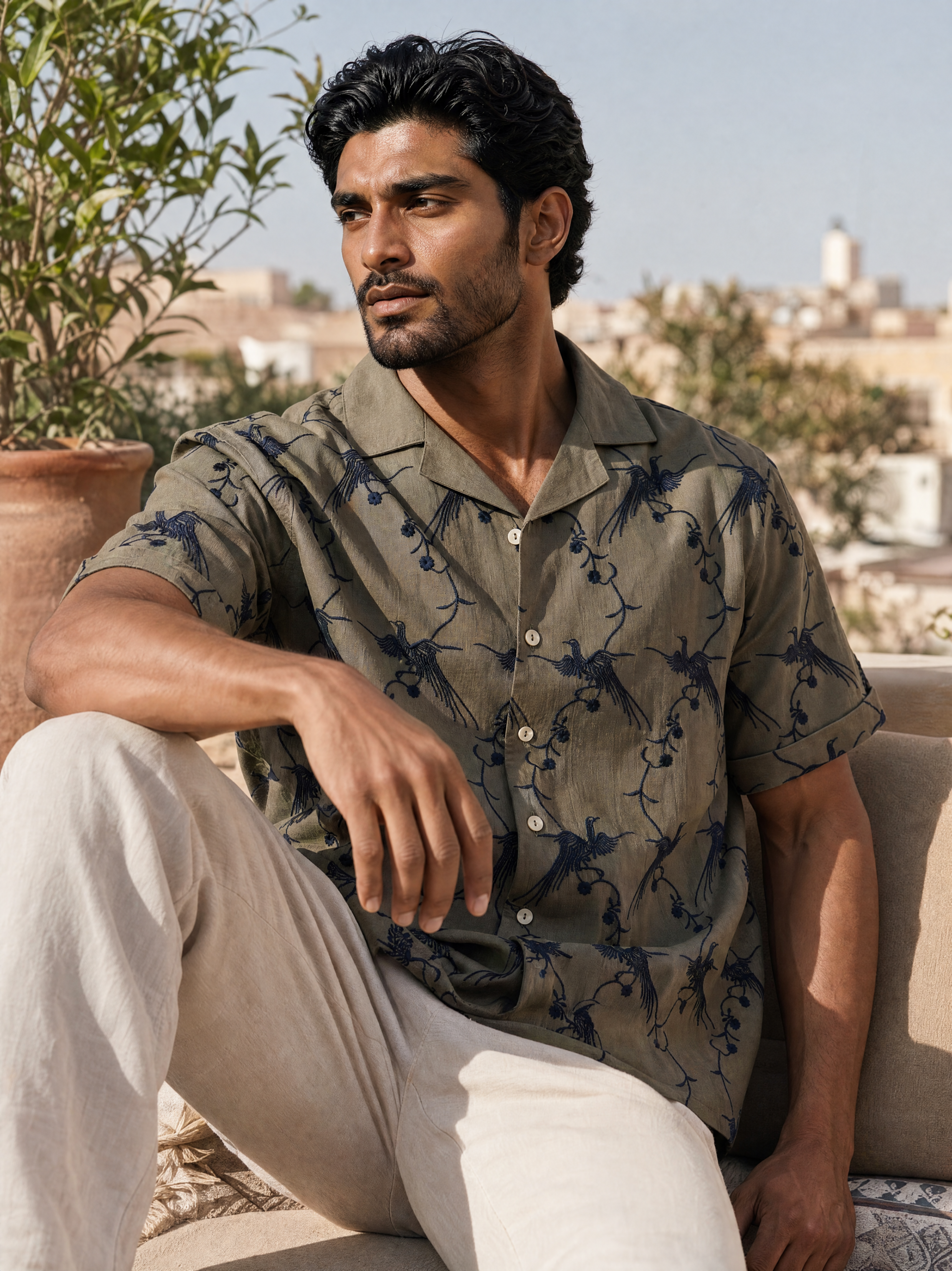 Plume & Bloom Cotton Linen Shirt (Olive Green with Navy Embroidery)
