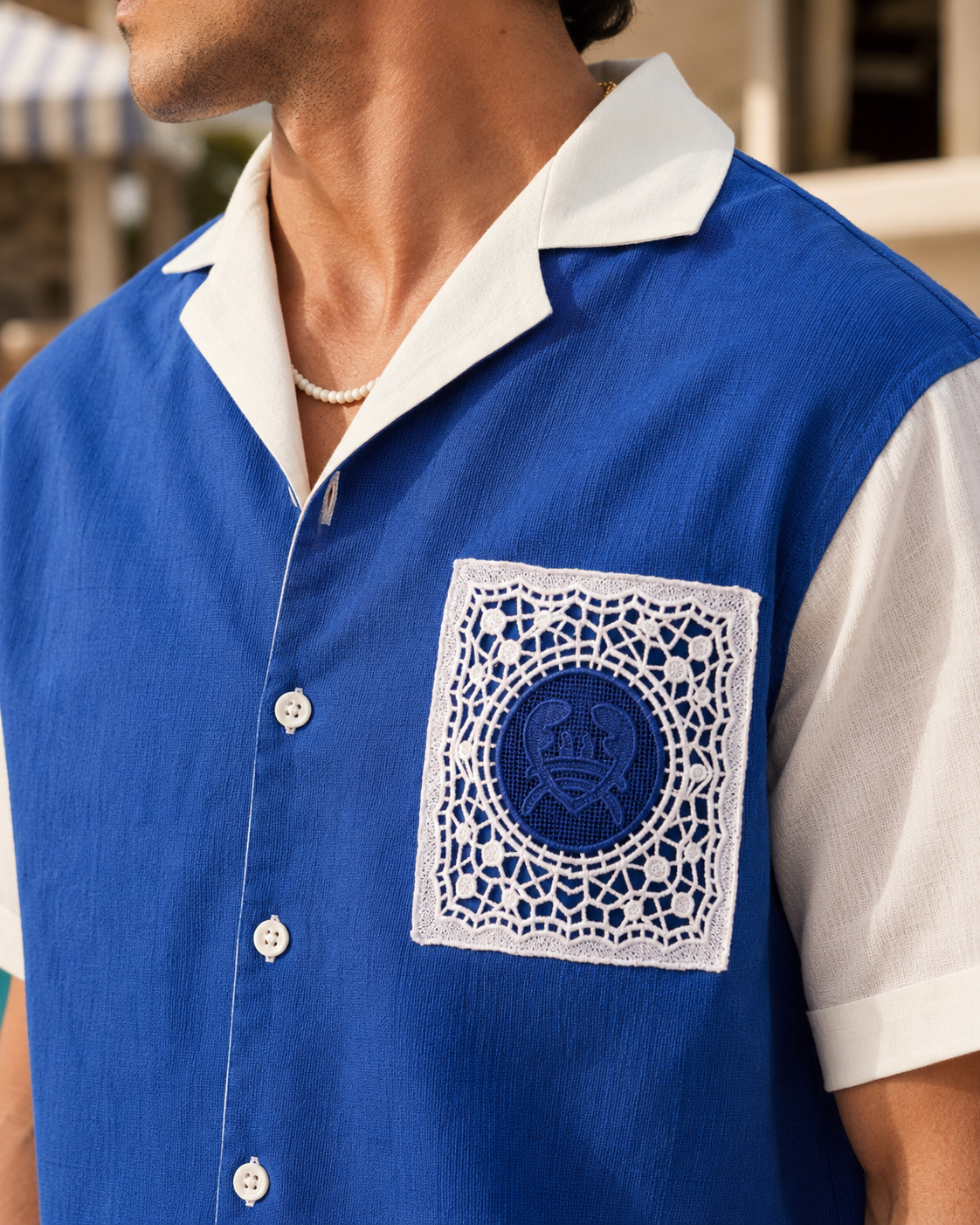 PORTSIDE GUIPURE PATCH SHIRT - POLYNESIAN BLUE/SALT