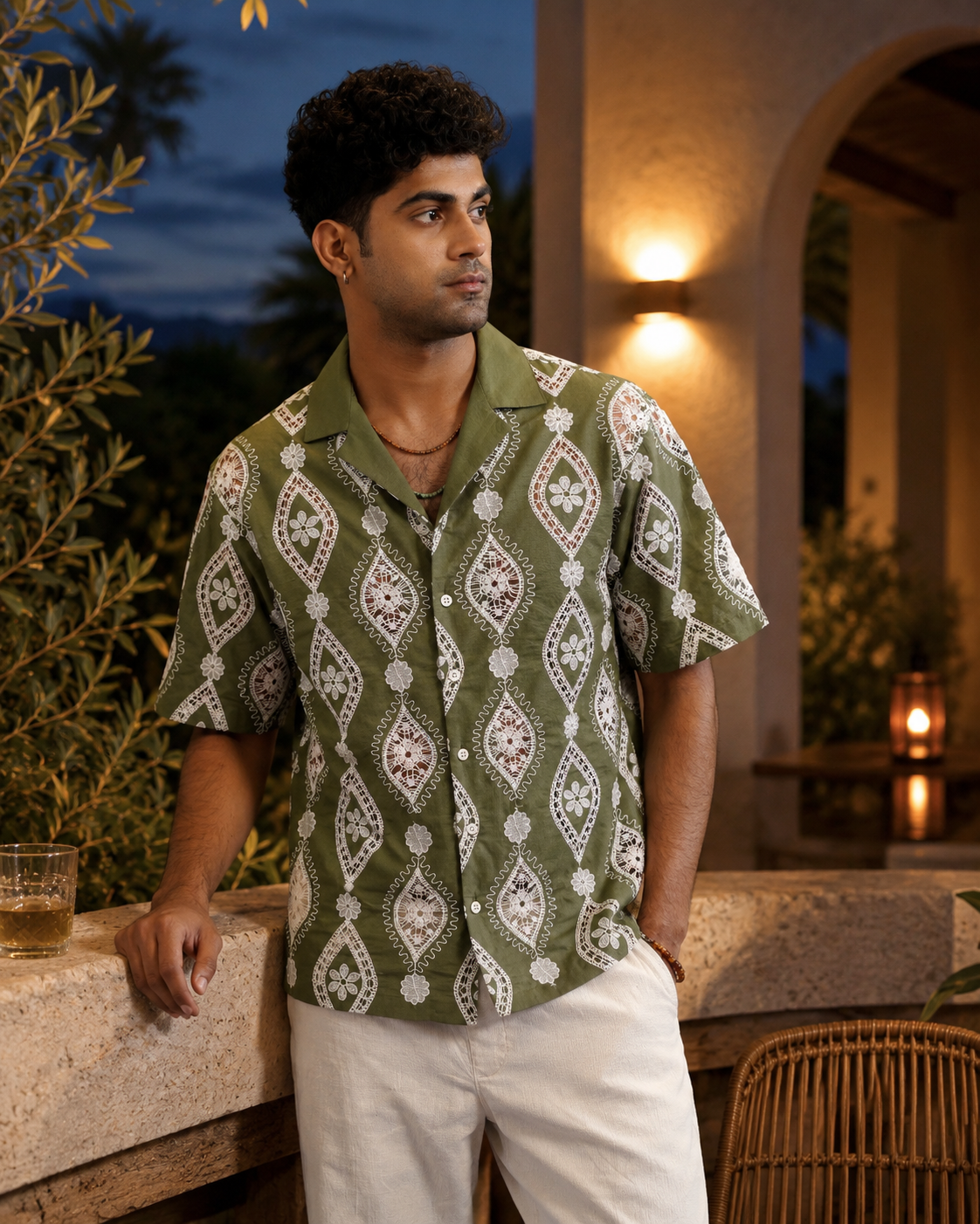 OASIS MEDALLION COTTON CUTWORK SHIRT - PALM OLIVE