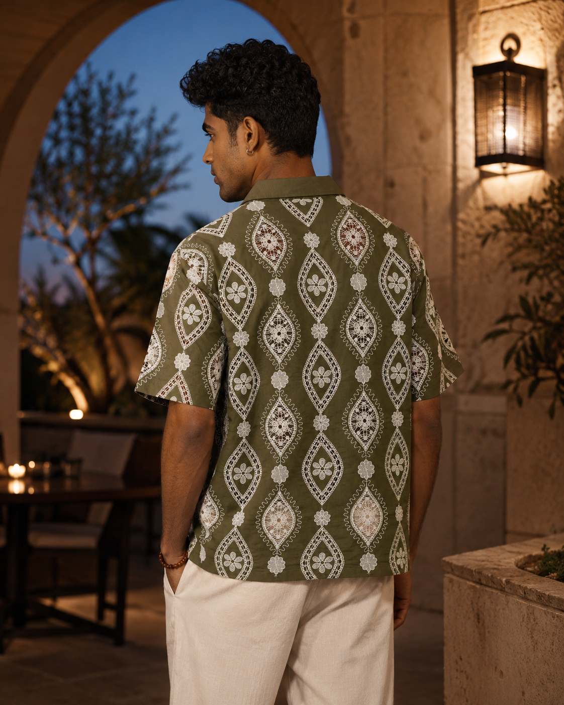 OASIS MEDALLION COTTON CUTWORK SHIRT - PALM OLIVE