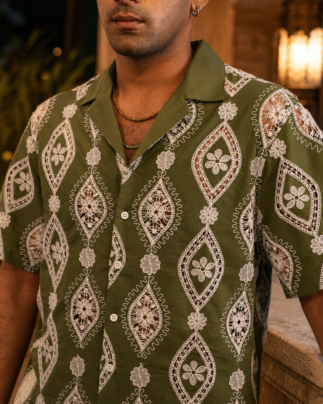 OASIS MEDALLION COTTON CUTWORK SHIRT - PALM OLIVE