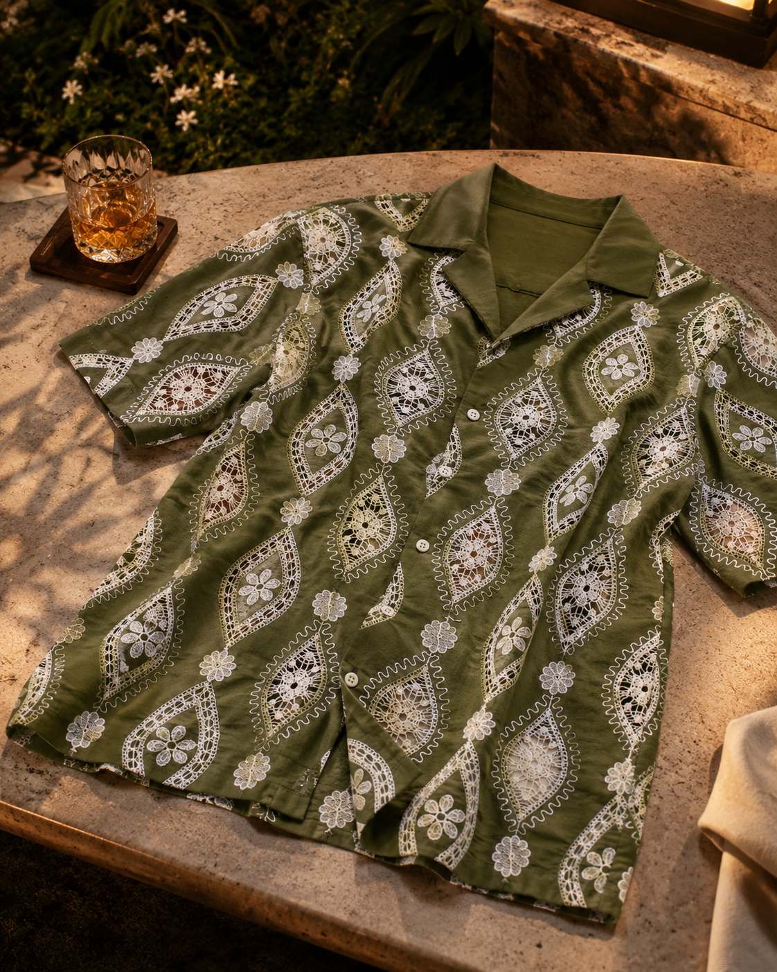OASIS MEDALLION COTTON CUTWORK SHIRT - PALM OLIVE