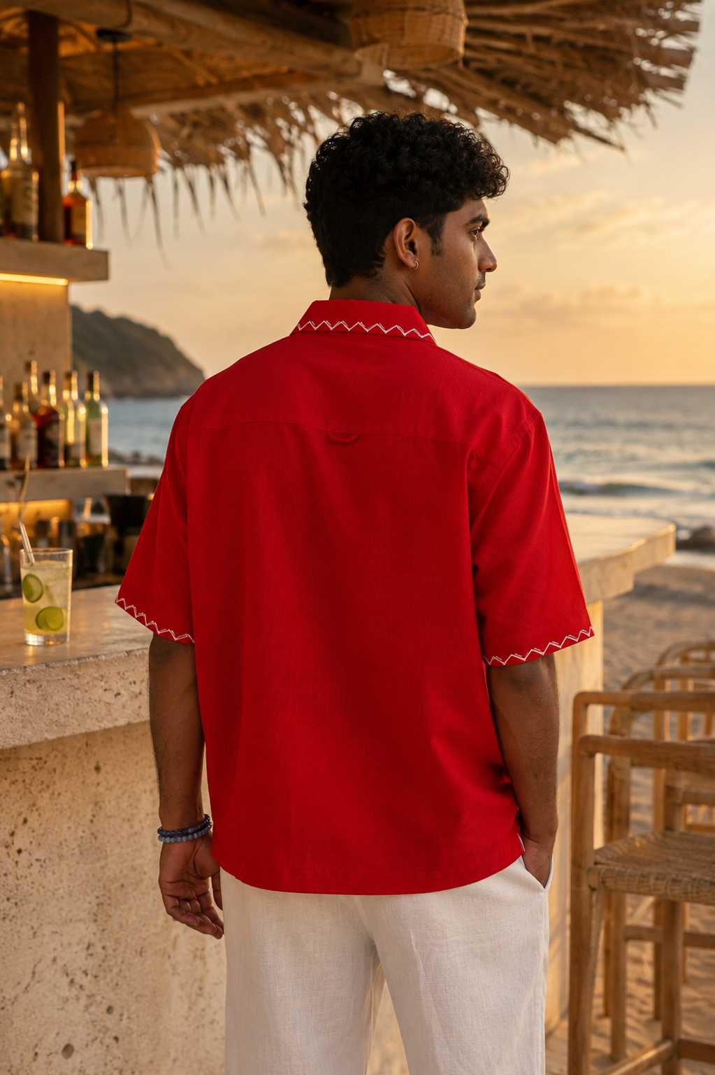 COVE VINE LINEN SHIRT - POPPY RED