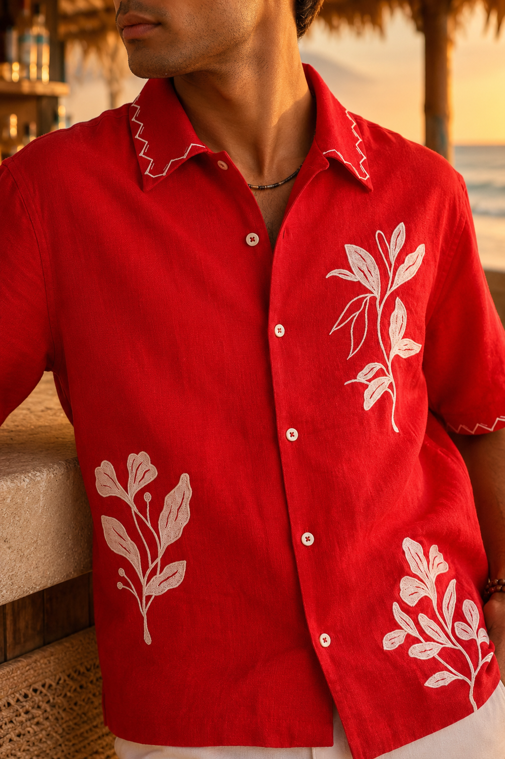 COVE VINE LINEN SHIRT - POPPY RED