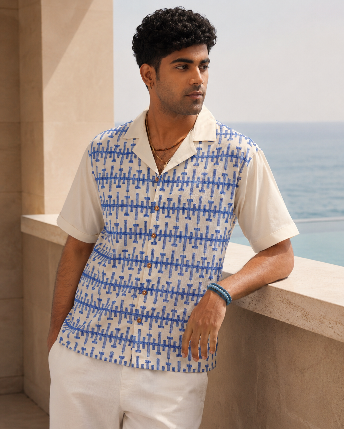 PIERLINE COTTON SHIRT - ECRU/COBALT BLUE