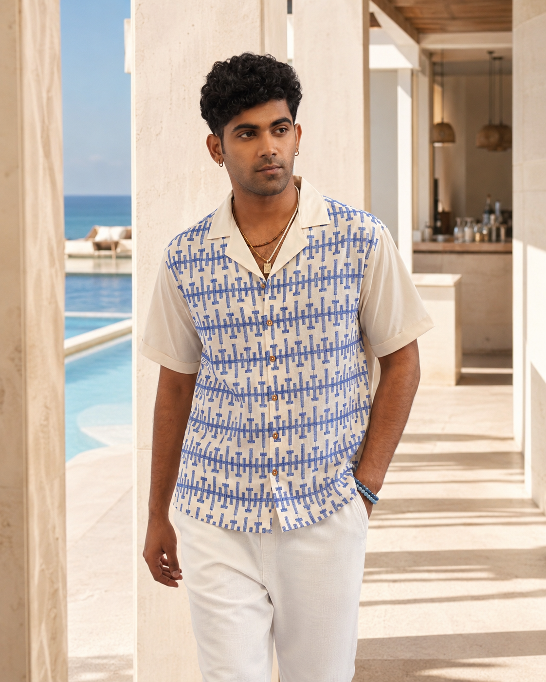 PIERLINE COTTON SHIRT - ECRU/COBALT BLUE