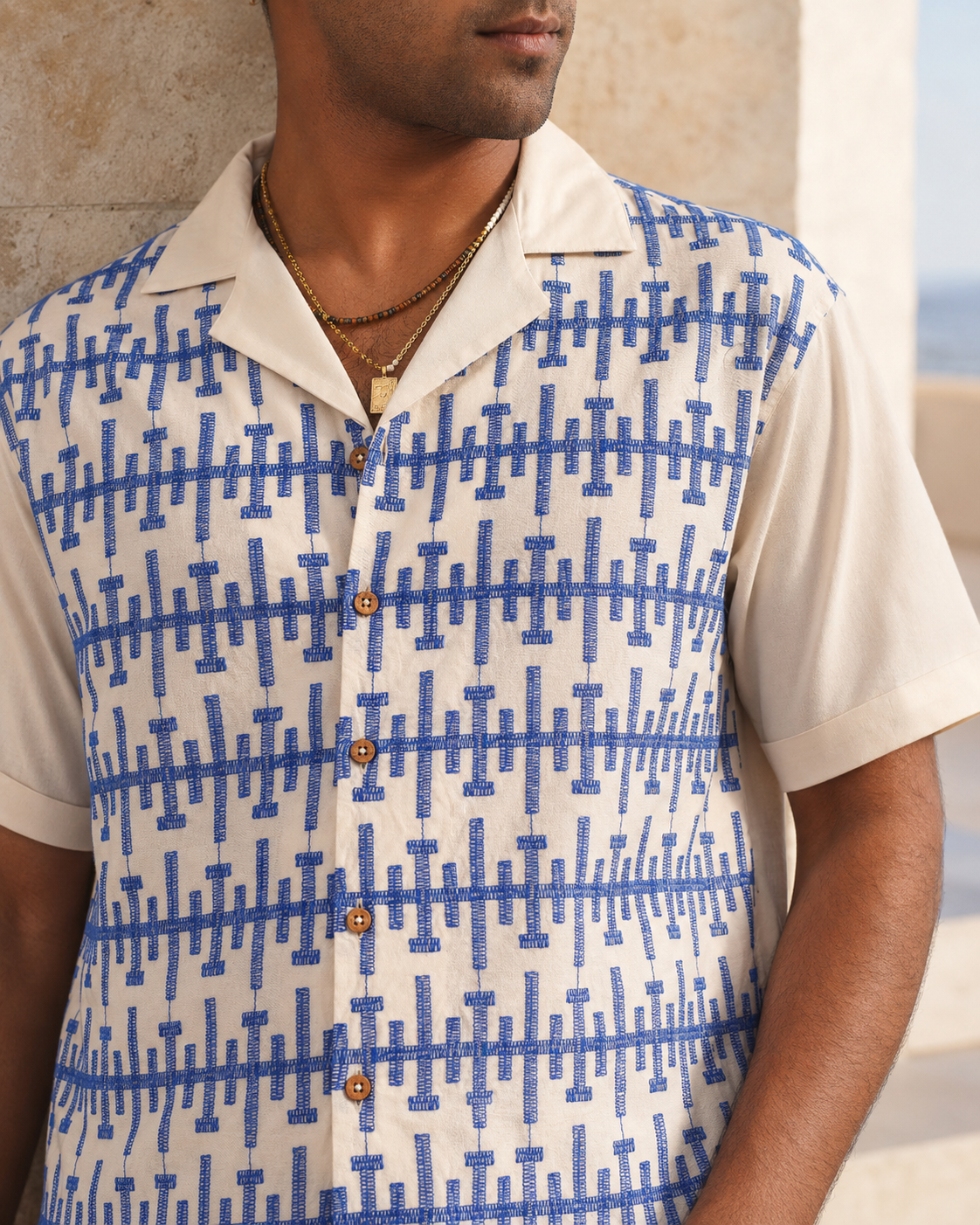 PIERLINE COTTON SHIRT - ECRU/COBALT BLUE