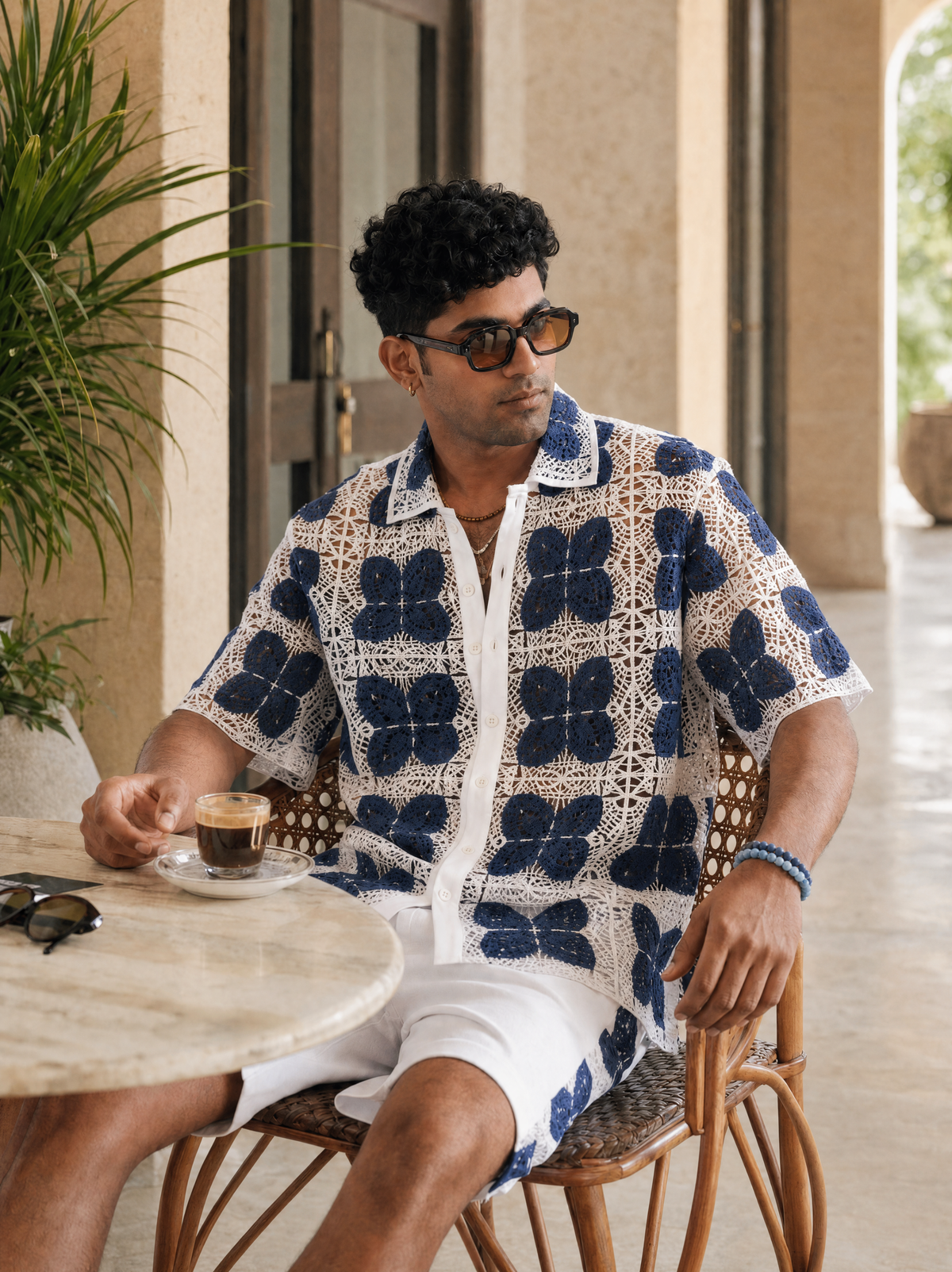 RIVIERA GUIPURE SHIRT CO-ORD SET - PORCELAIN NAVY
