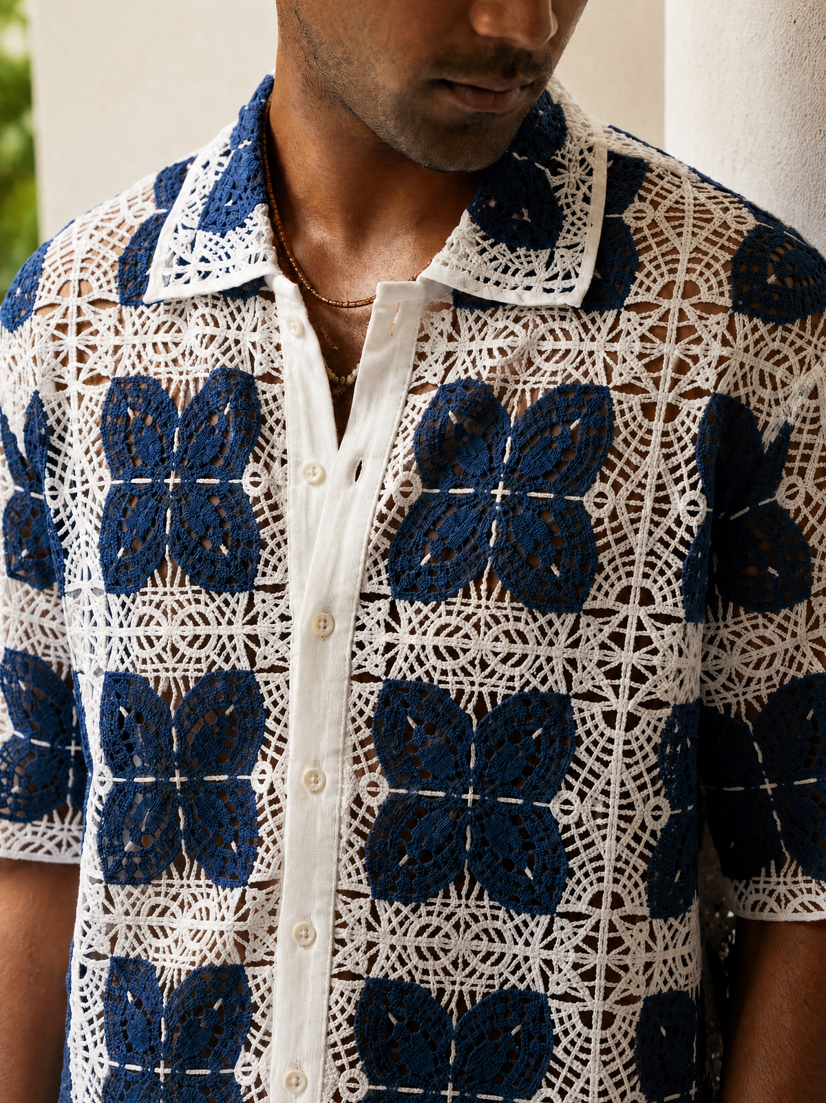 RIVIERA GUIPURE SHIRT CO-ORD SET - PORCELAIN NAVY