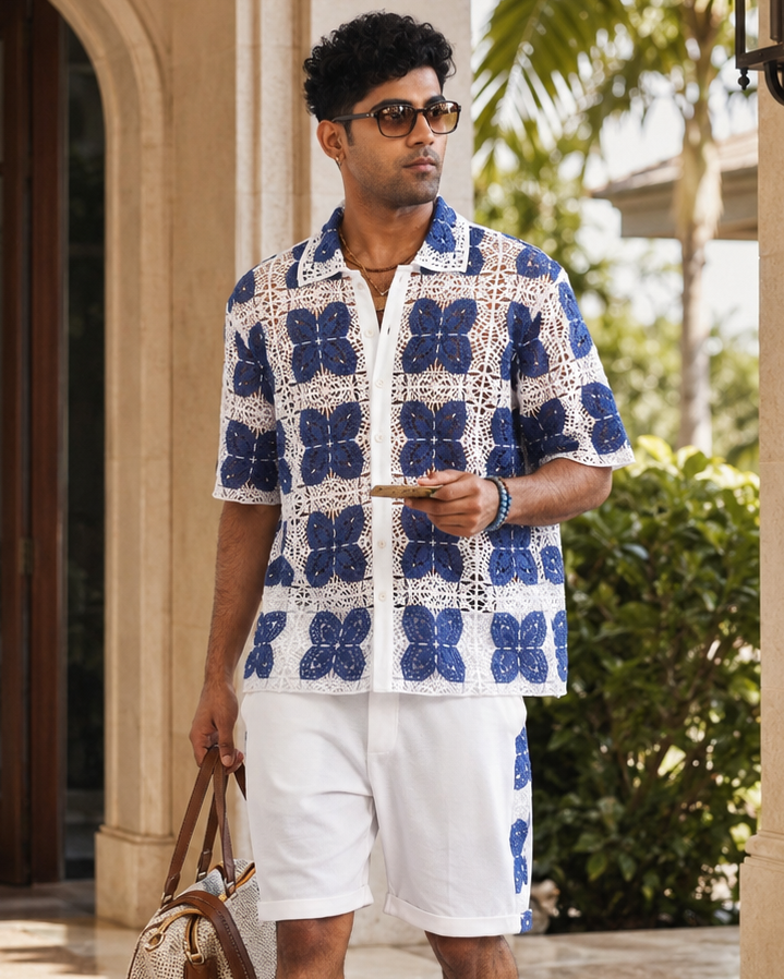 RIVIERA GUIPURE SHIRT - PORCELAIN NAVY