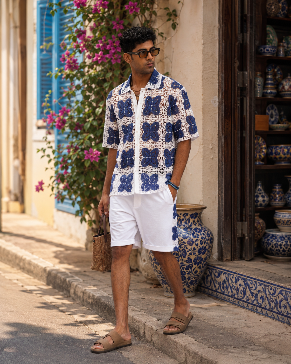 RIVIERA GUIPURE SHIRT CO-ORD SET - PORCELAIN NAVY