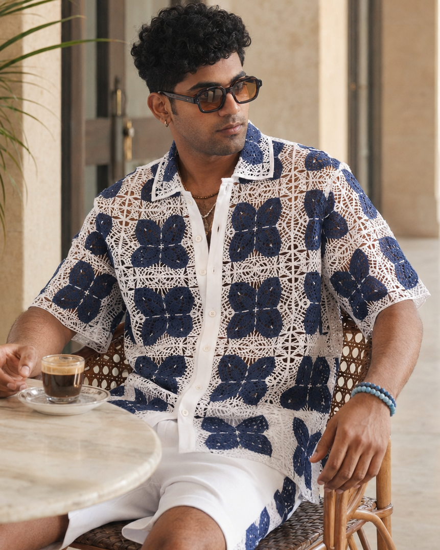 RIVIERA GUIPURE SHIRT - PORCELAIN NAVY
