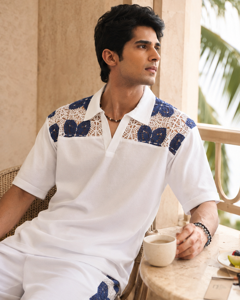 RIVIERA GUIPURE COTTON KNIT T-SHIRT - PORCELAIN NAVY