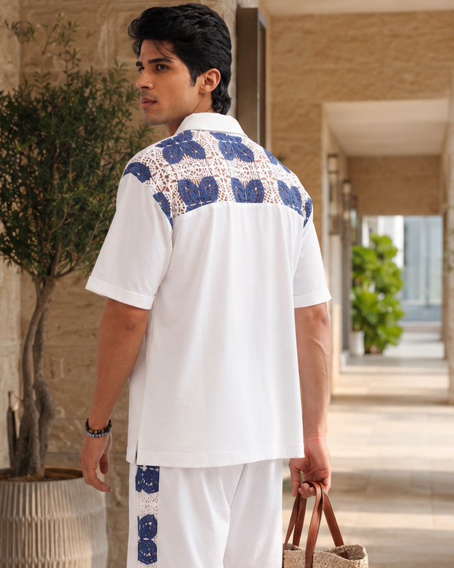 RIVIERA GUIPURE COTTON KNIT T-SHIRT - PORCELAIN NAVY