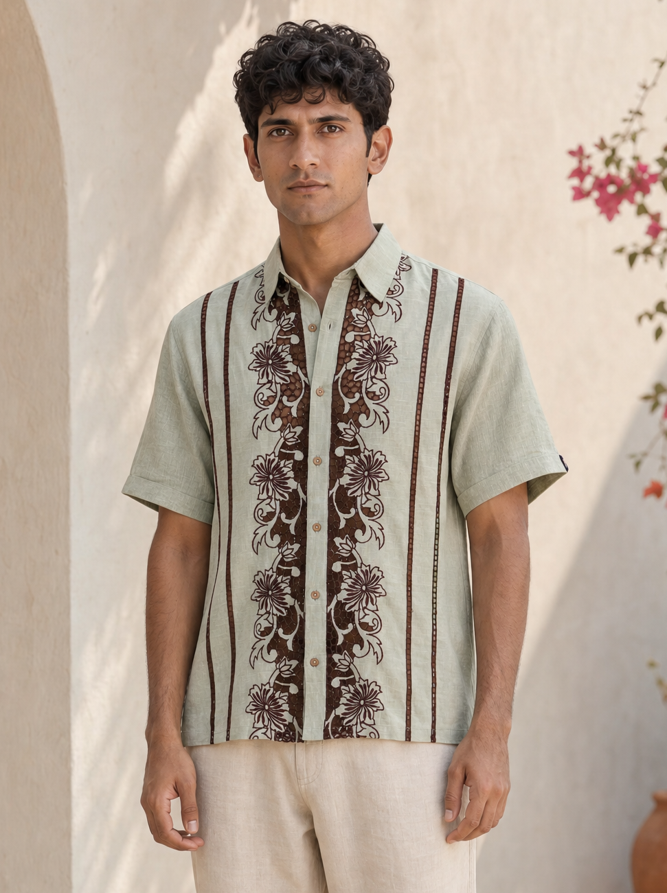 Twin Vines Cotton Linen Shirt (Beige Cream)