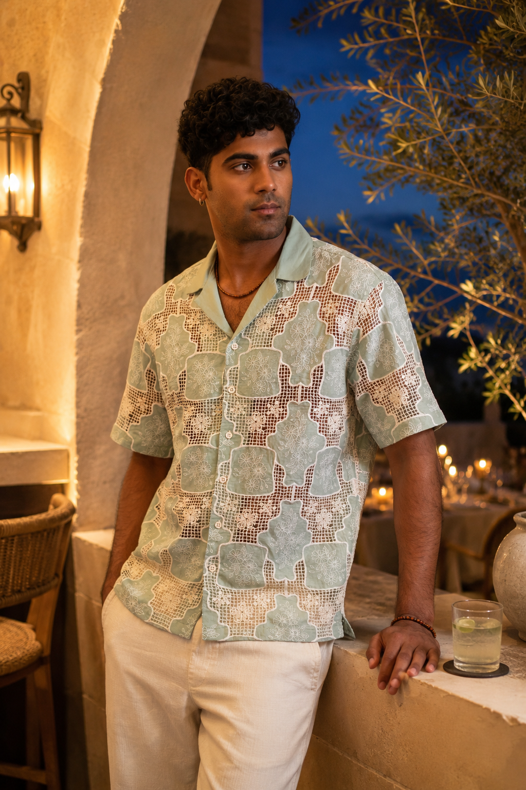 TRELLIS BLOOM COTTON CUTWORK SHIRT - SEA SAGE