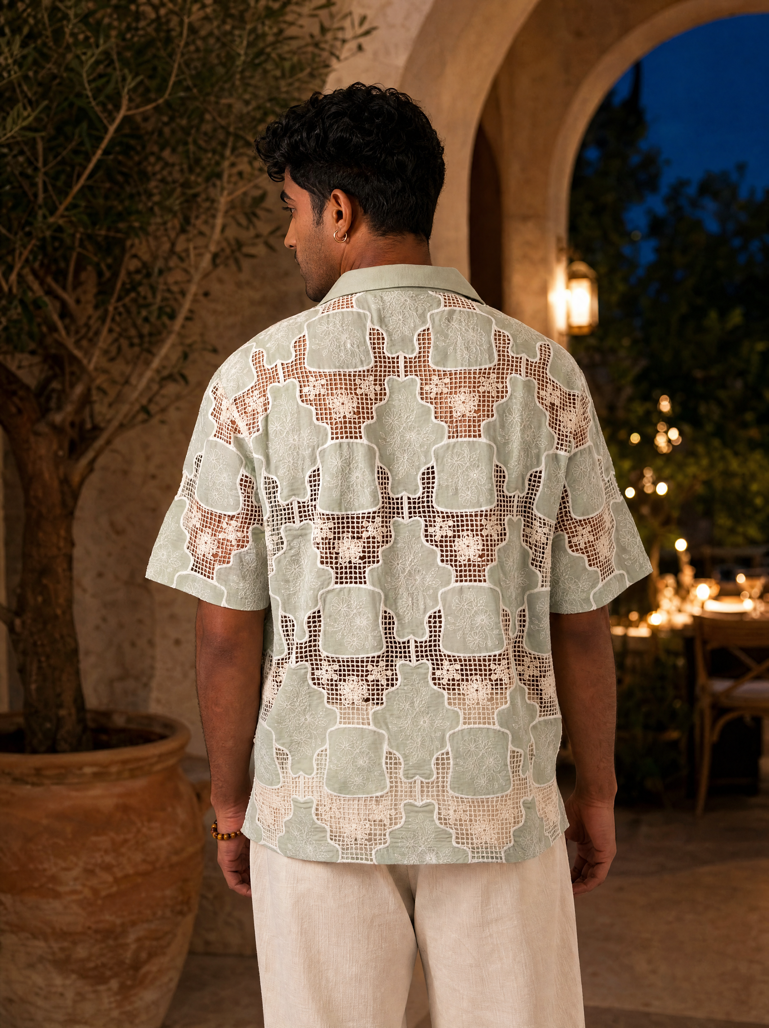 TRELLIS BLOOM COTTON CUTWORK SHIRT - SEA SAGE