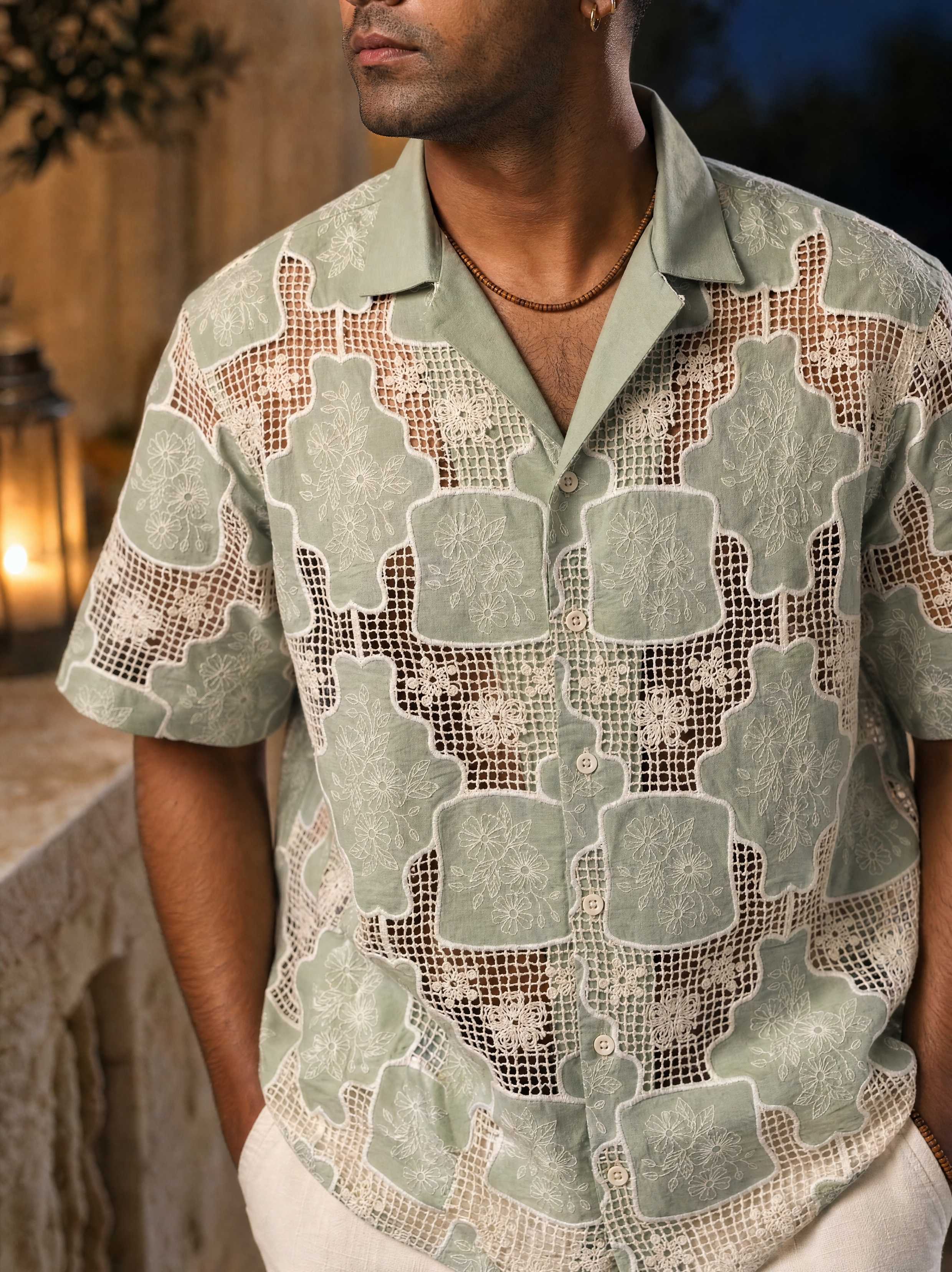 TRELLIS BLOOM COTTON CUTWORK SHIRT - SEA SAGE