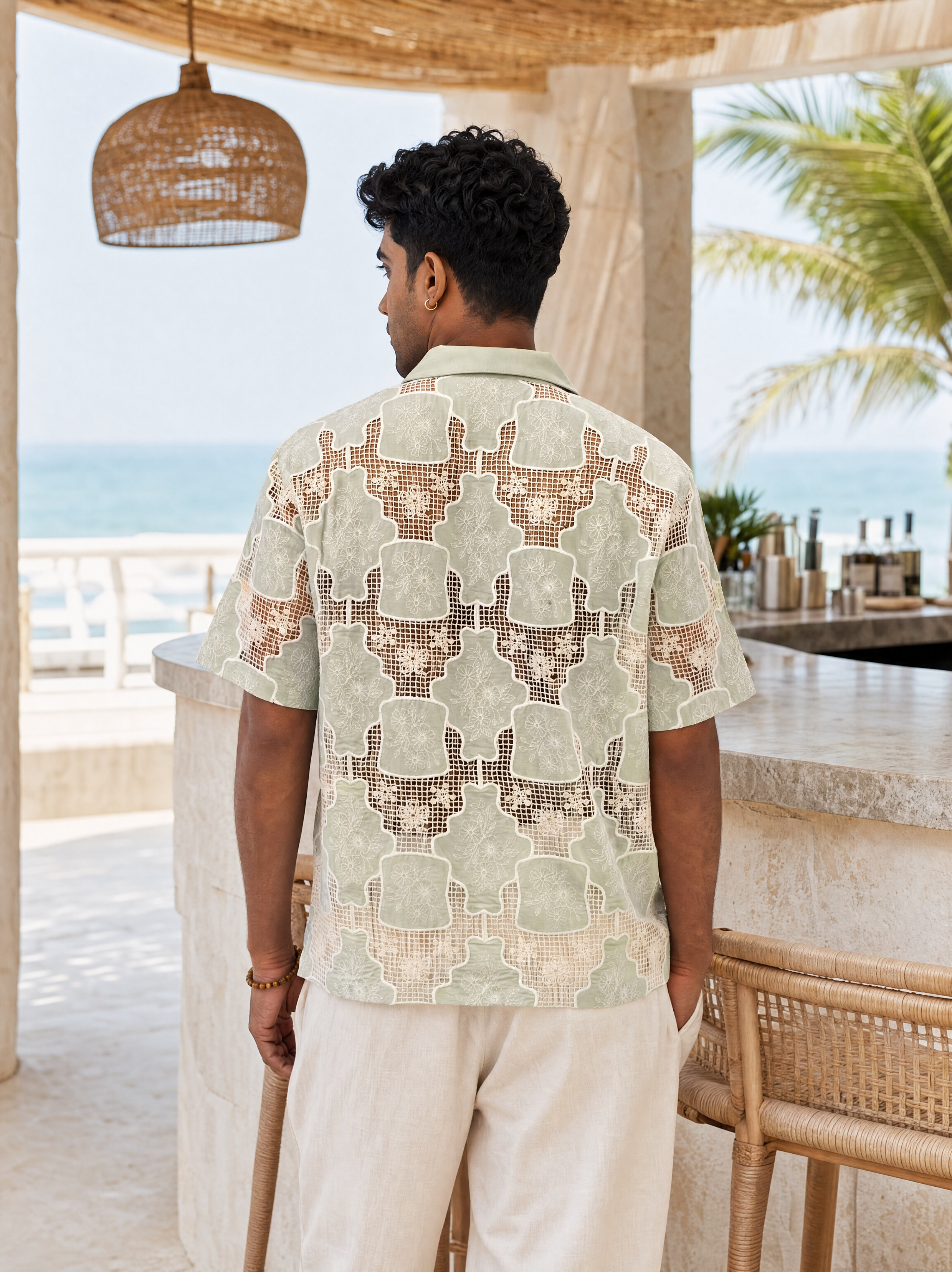 TRELLIS BLOOM COTTON CUTWORK SHIRT - SEA SAGE