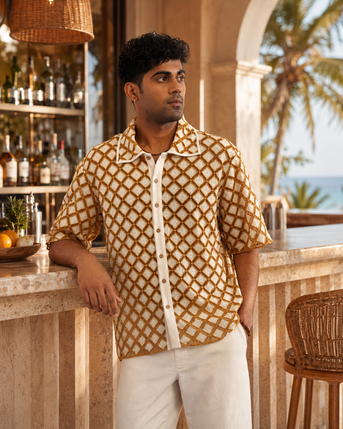 SOLANA LATTICE GUIPURE SHIRT - DUNE GOLD