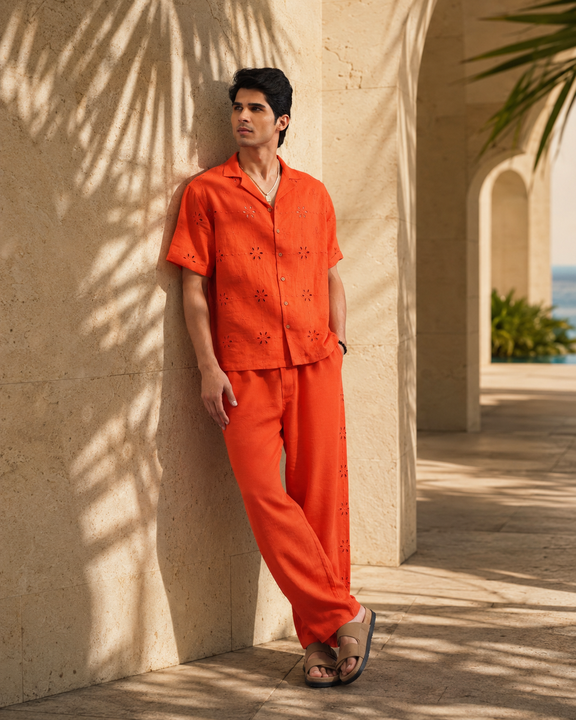 TANGERINE EYELET VISCOSE LINEN PJ CO-ORD SET - TANGERINE ORANGE