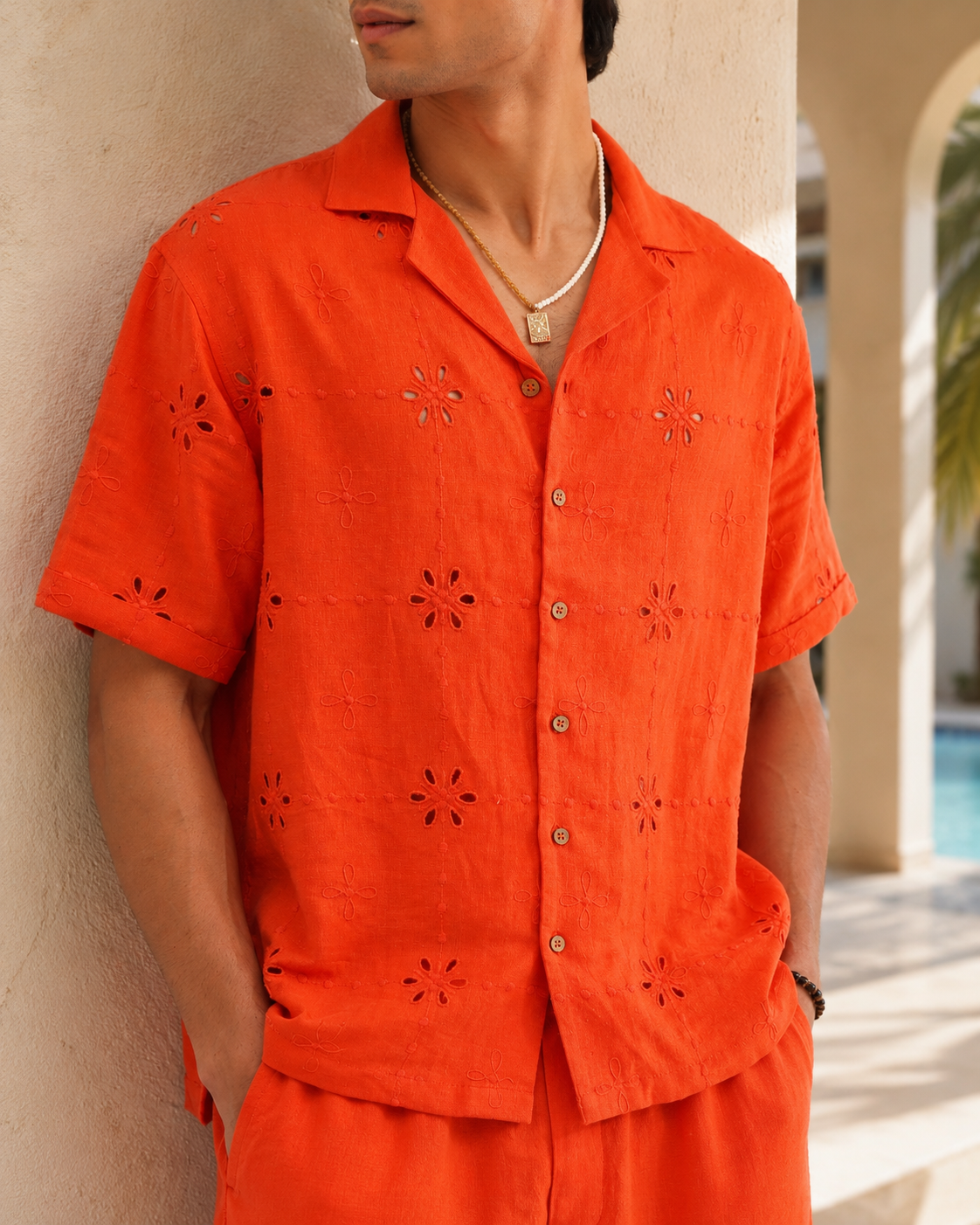 TANGERINE EYELET VISCOSE LINEN SHIRT - TANGERINE ORANGE