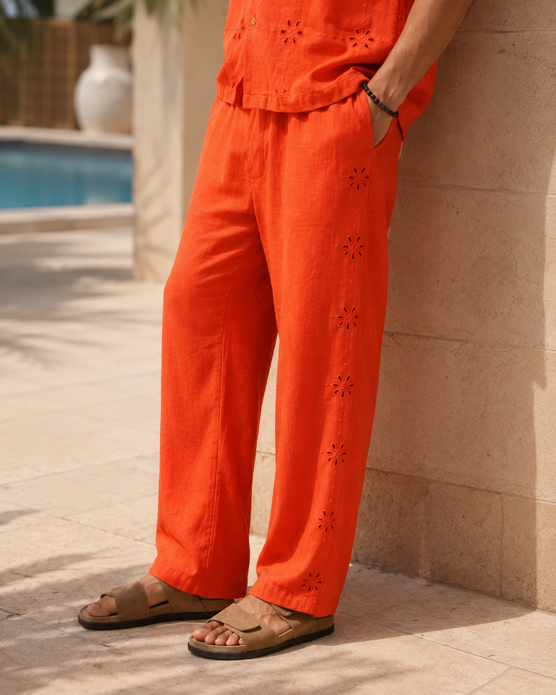 TANGERINE EYELET VISCOSE LINEN PJ PANTS - TANGERINE ORANGE