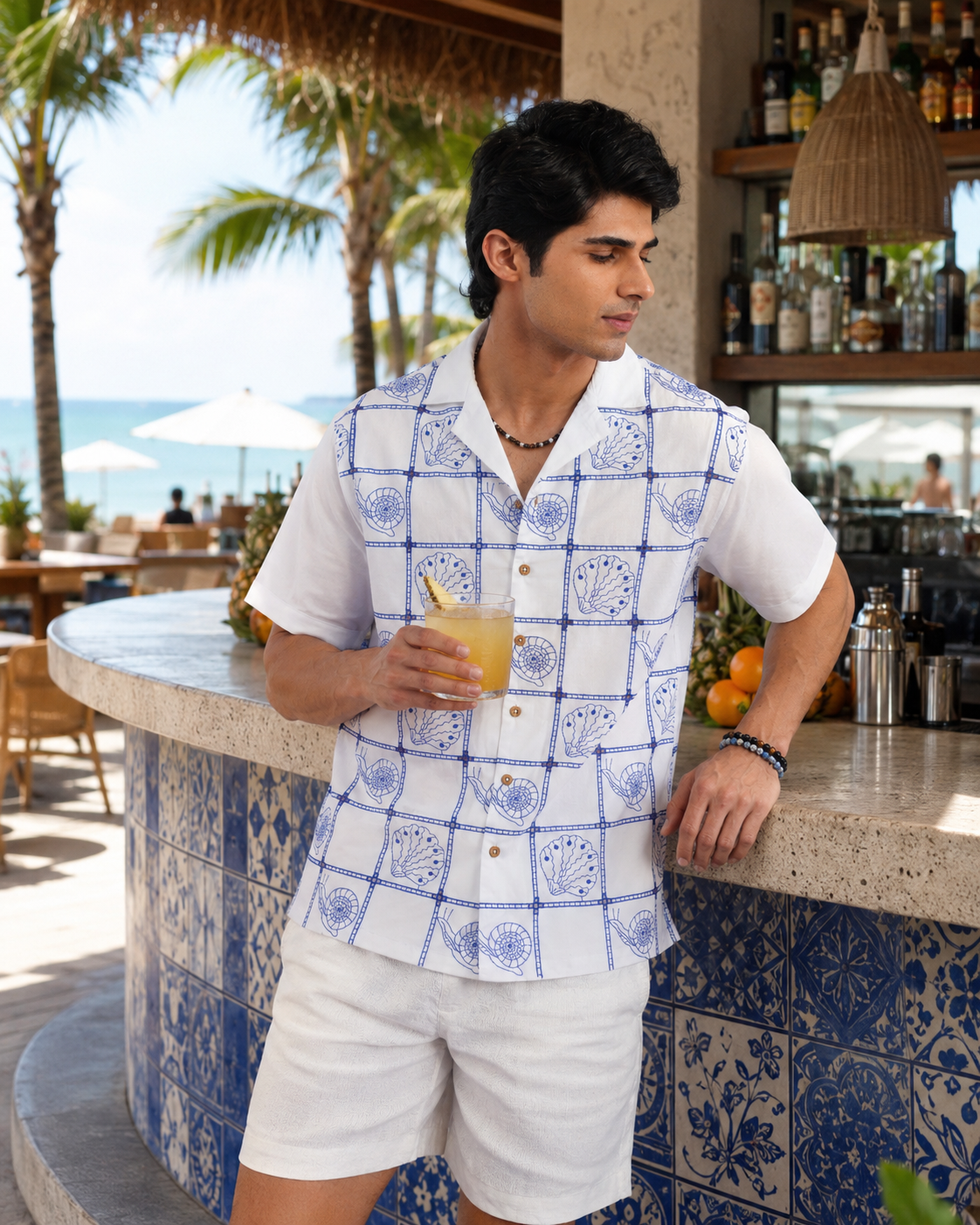 TIDE TILE COTTON SHIRT - SALT/COBALT BLUE
