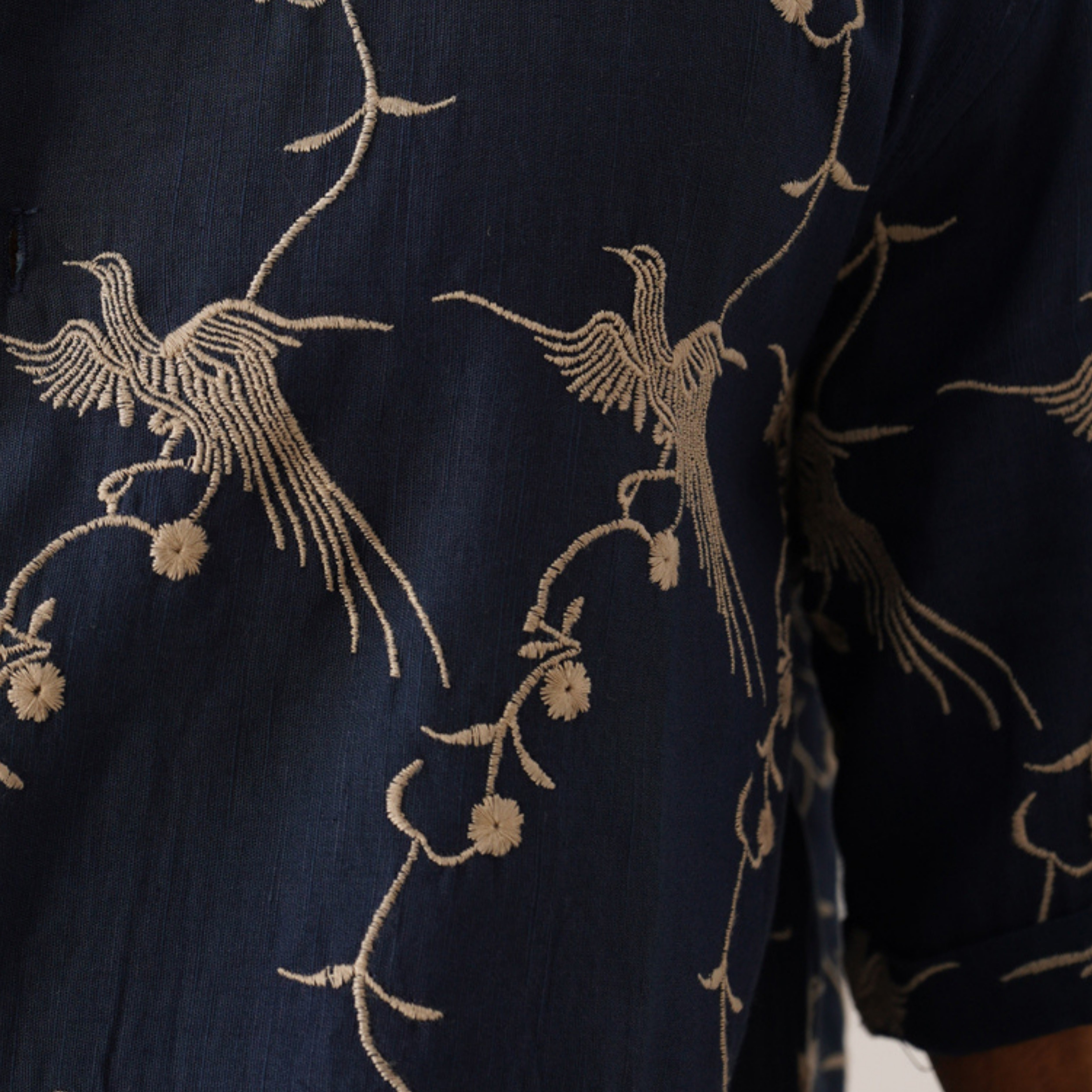 Plume & Bloom Cotton Linen Shirt (Navy Blue With Ivory Embroidery)