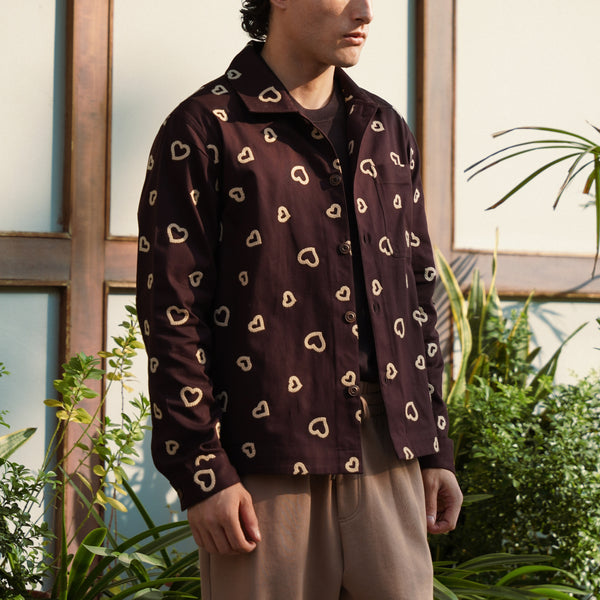 Winter Hearts Oversized Shacket (Espresso Beans with Ecru Hearts Embroidery)