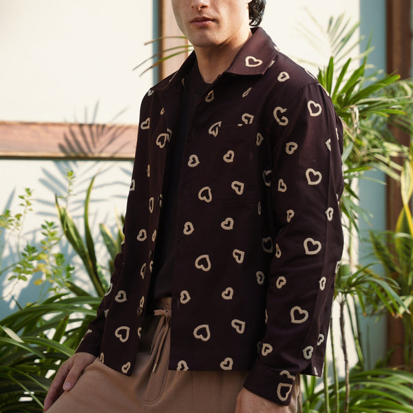 Winter Hearts Oversized Shacket (Espresso Beans with Ecru Hearts Embroidery)