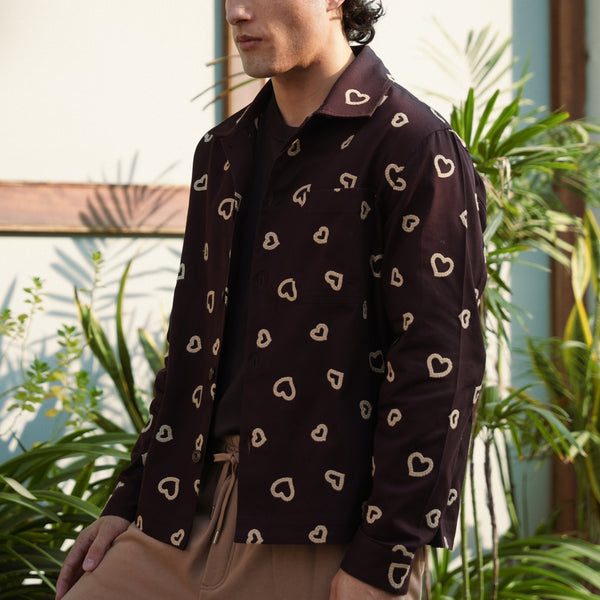 Winter Hearts Oversized Shacket (Espresso Beans with Ecru Hearts Embroidery)