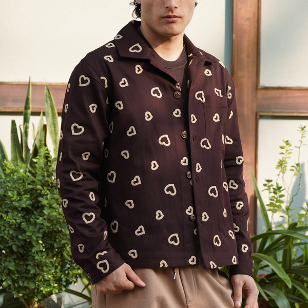 Winter Hearts Oversized Shacket (Espresso Beans with Ecru Hearts Embroidery)